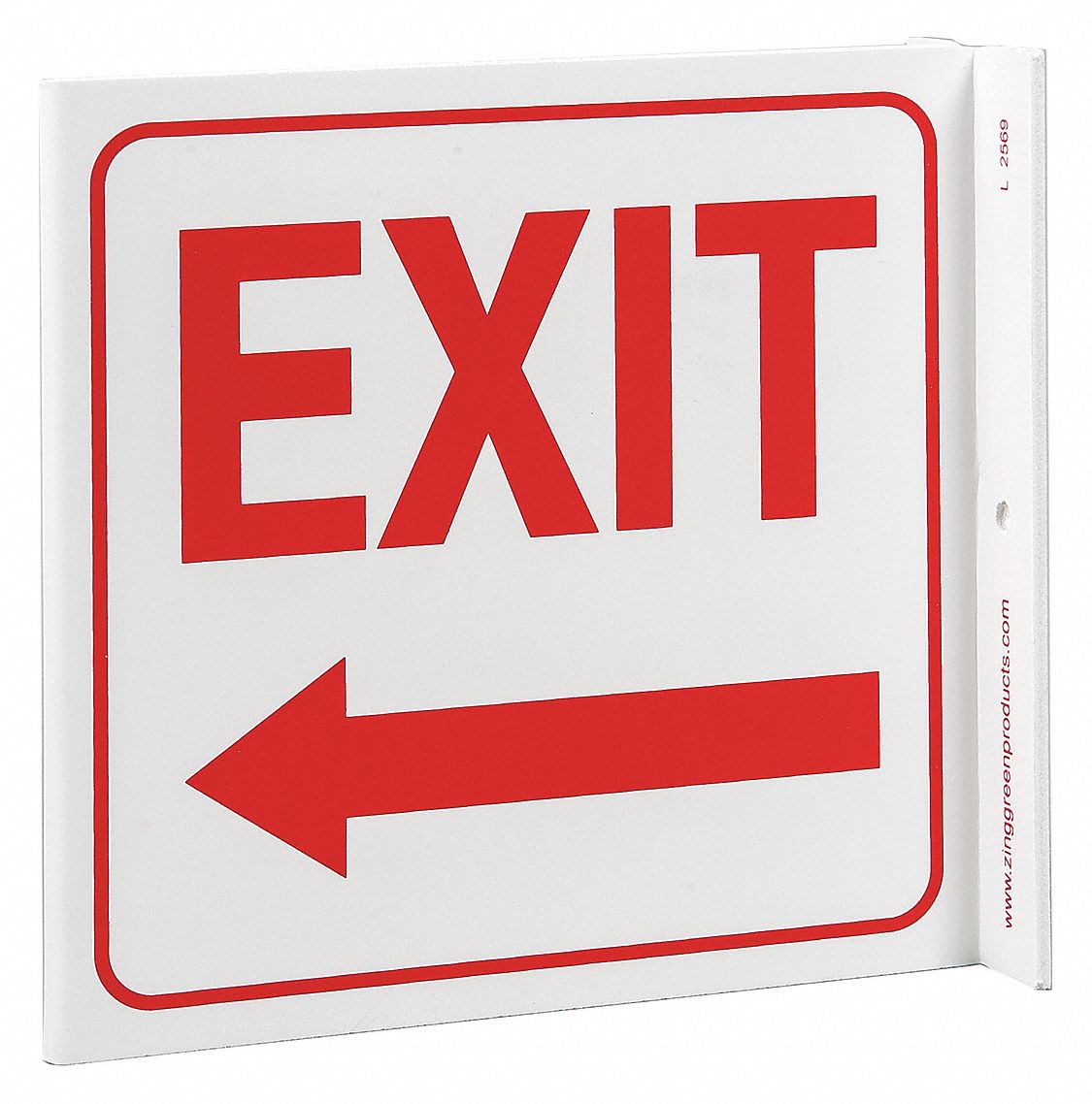 EXIT SIGN, PLASTIC, 7 IN WIDTH, 7 IN HEIGHT, WITH MOUNTING HOLES, L-SHAPED, EXIT (ARROW)