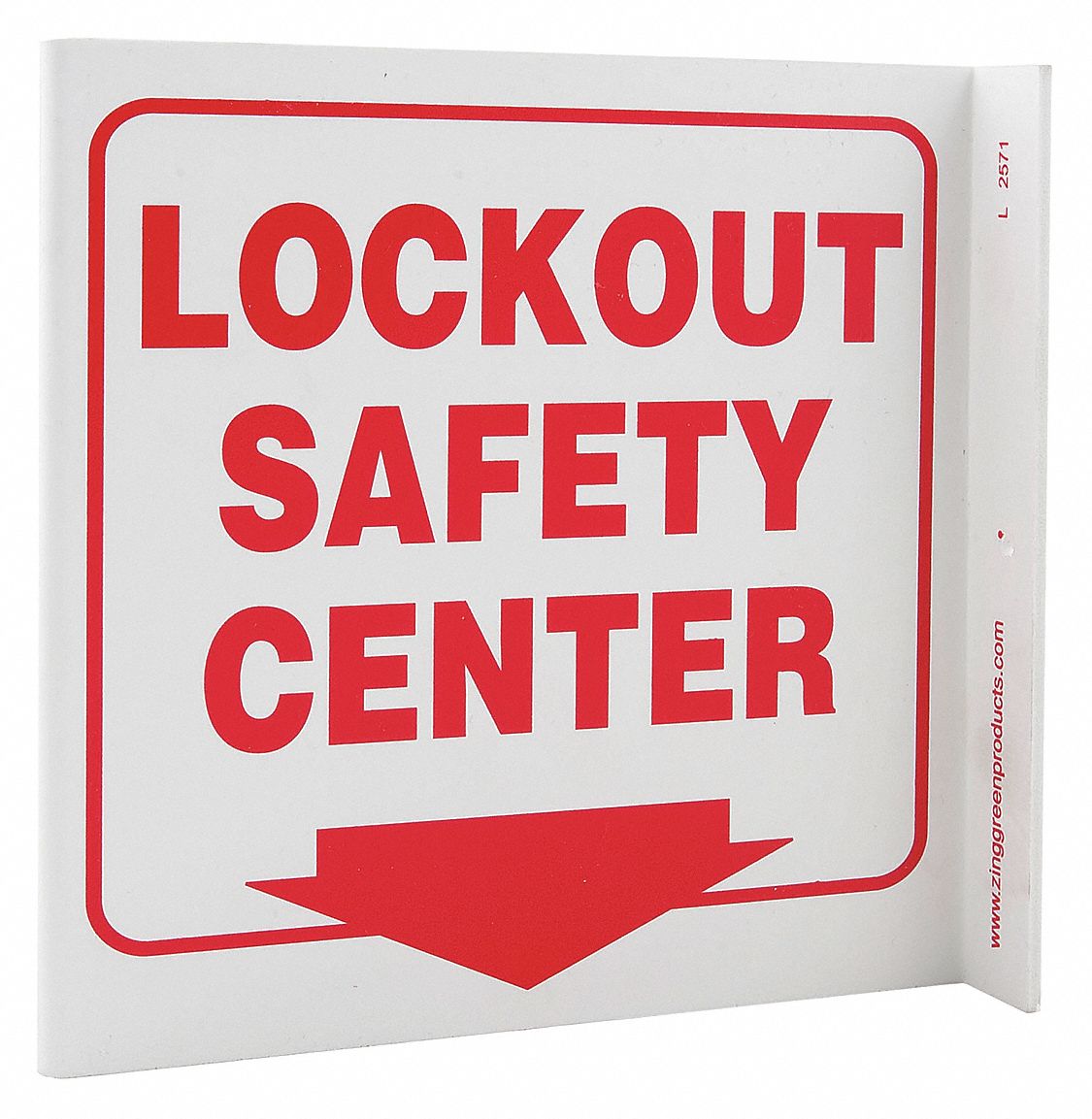 LOCKOUT SIGN, LOCKOUT SAFETY CENTRE, L-SHAPED, 7 IN HEIGHT, 7 IN WIDTH, PLASTIC, MOUNTING HOLES, RED/WHITE