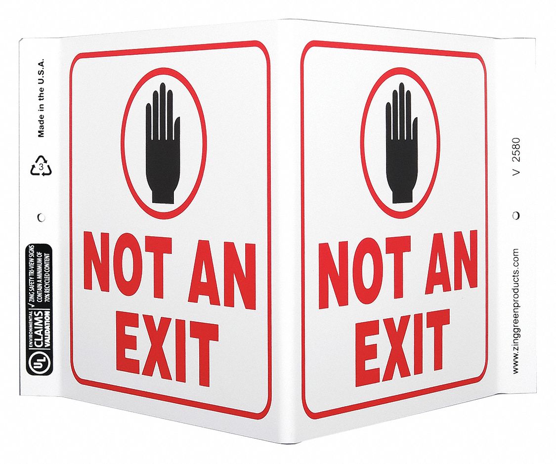 EXIT SIGN, PLASTIC, 12 IN WIDTH, 7 IN HEIGHT, WITH MOUNTING HOLES, V-SHAPED, NOT AN EXIT (PICTO)