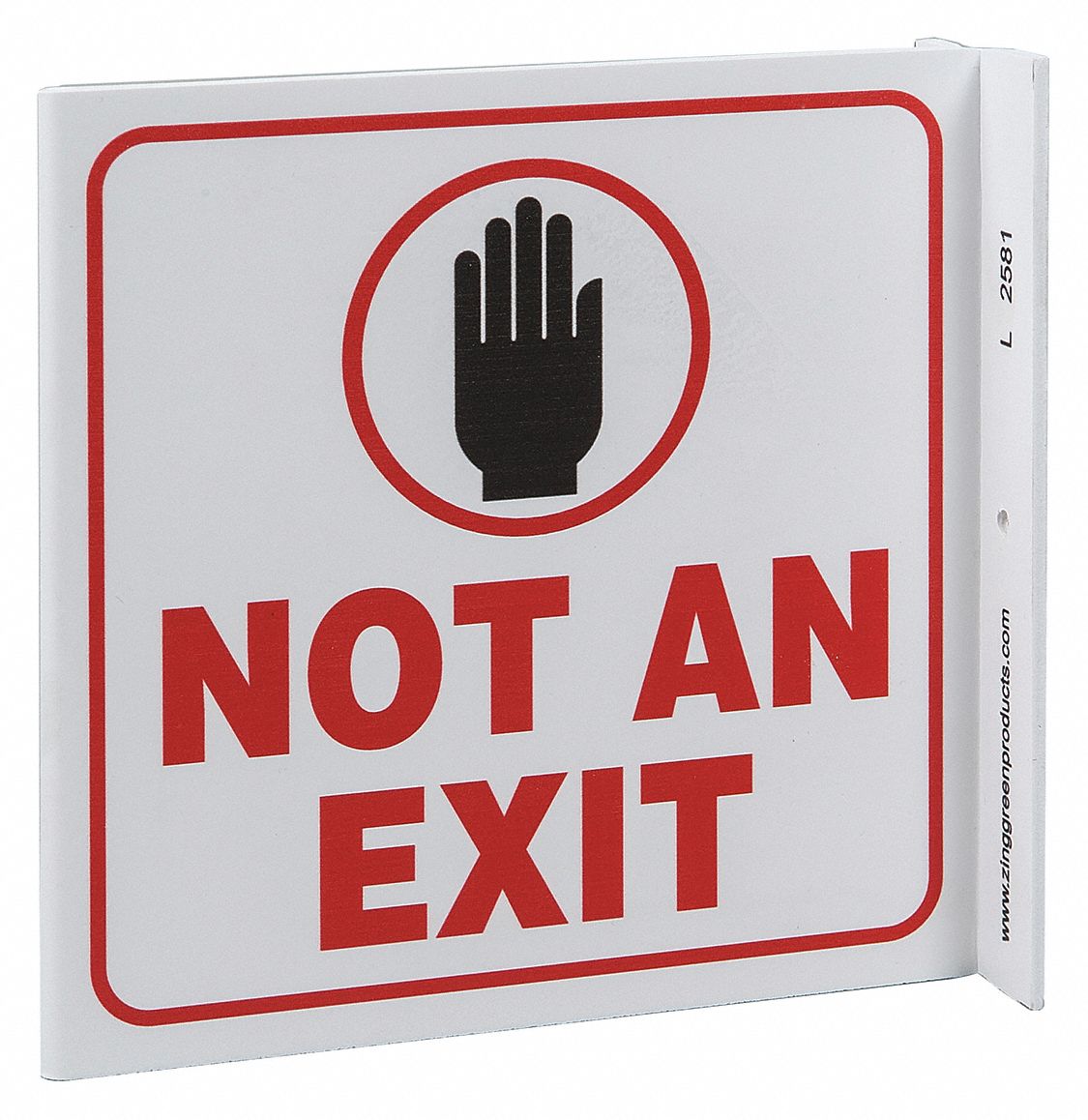 EXIT SIGN, PLASTIC, 7 IN WIDTH, 7 IN HEIGHT, WITH MOUNTING HOLES, L-SHAPED, NOT AN EXIT (PICTO)