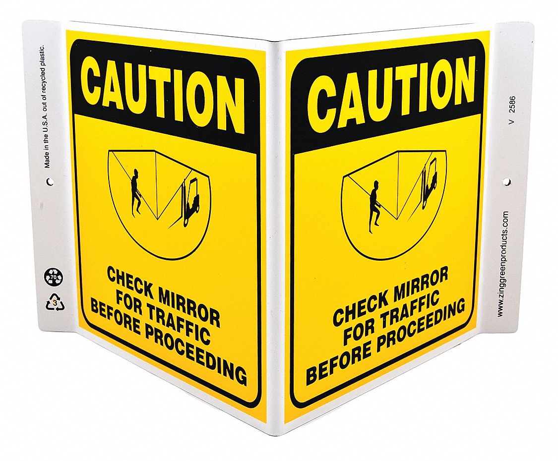 SAFETY SIGN, PLASTIC, HOLE MOUNT, 7 X 12IN NOMINAL SIGN SIZE, 0.125IN THICK, CHECK MIRROR FOR TRAFFIC BEFORE PROCEEDING