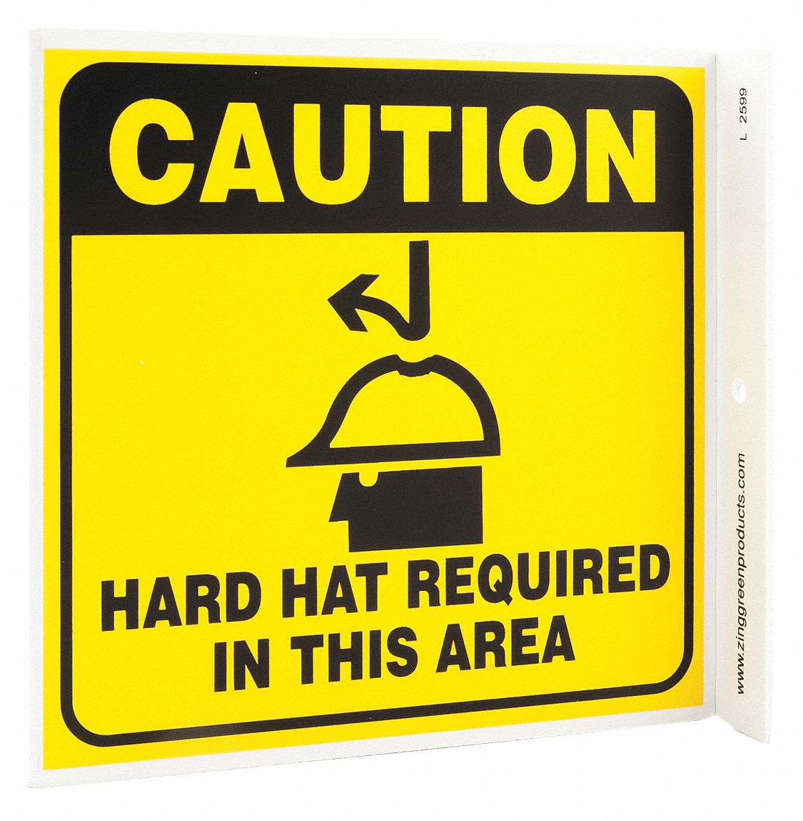 CAUTION SIGN, PLASTIC, MOUNTING HOLES, 7 IN X 7 IN NOMINAL SIGN SIZE, 0.125 IN THICK, HARD HAT REQUIRED IN THIS AREA