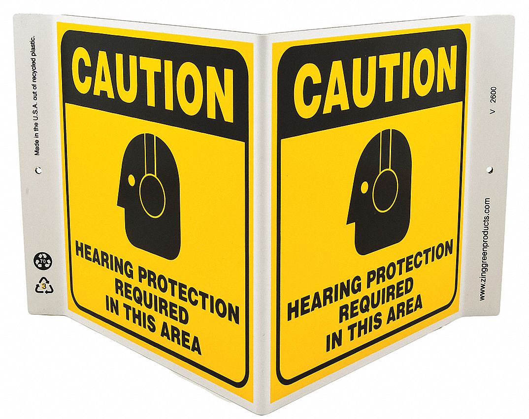 CAUTION SIGN, PLASTIC, HEARING PROTECTION REQUIRED IN THIS AREA, HEADER CAUTION, V-SHAPED, 7 IN HEIGHT, YELLOW/BLACK