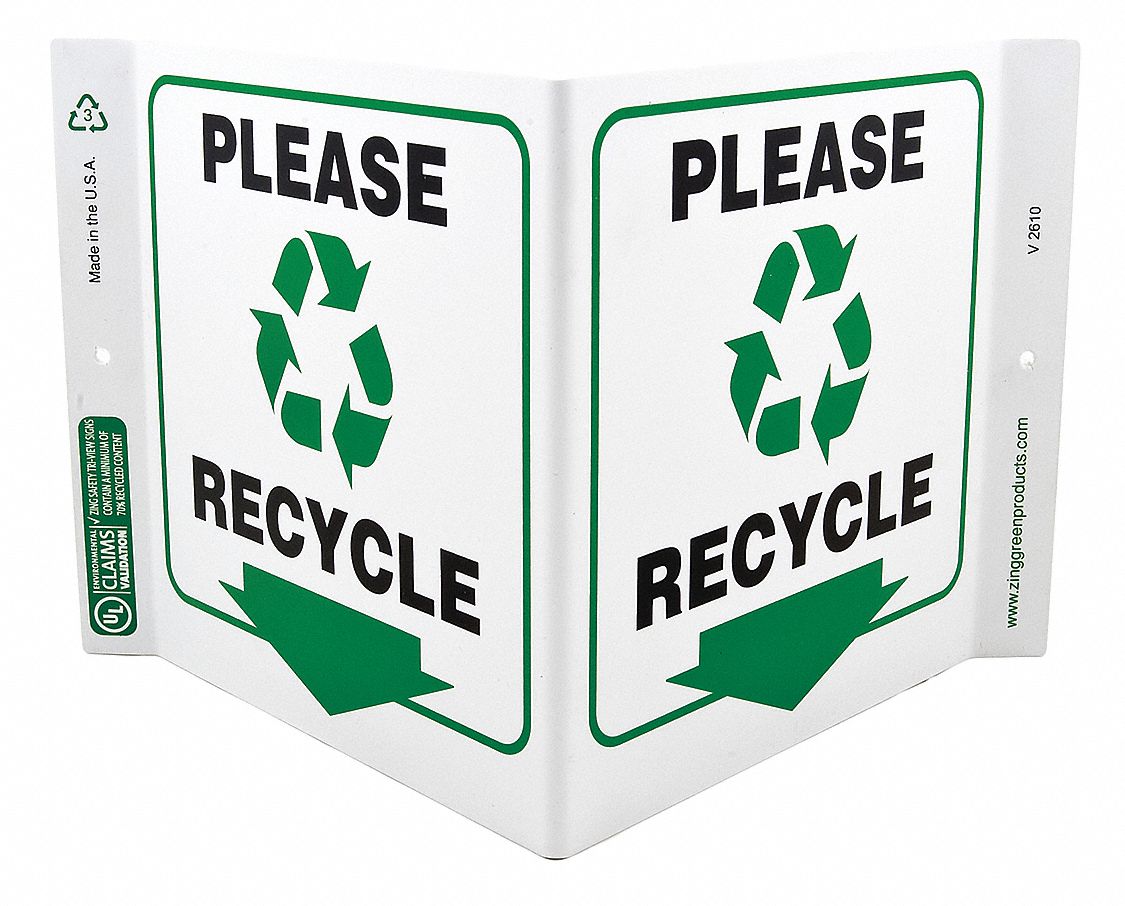 RECYCLING SIGN, PLASTIC, 12 IN WIDTH, 7 IN HEIGHT, WHITE, WITH MOUNTING HOLES, V-SHAPED