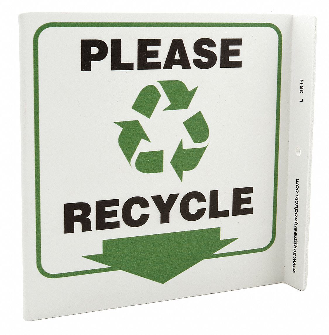 RECYCLING SIGN, PLASTIC, 7 IN WIDTH, 7 IN HEIGHT, WHITE, WITH MOUNTING HOLES, L-SHAPED