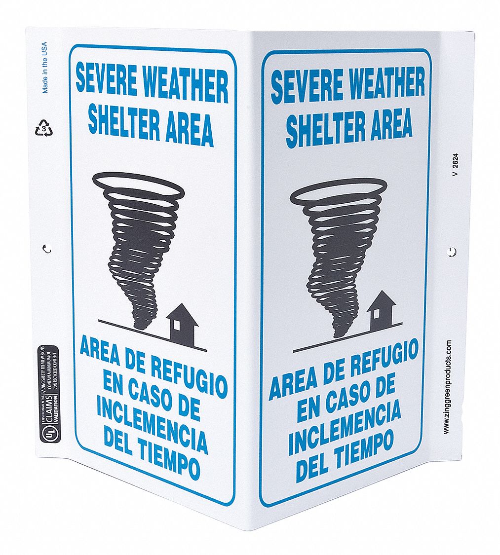 EVACUATION SIGN, ASSEMBLY OR SHELTER, PLASTIC, 11 IN X 7 IN, WITH MOUNTING HOLES, V-SHAPED
