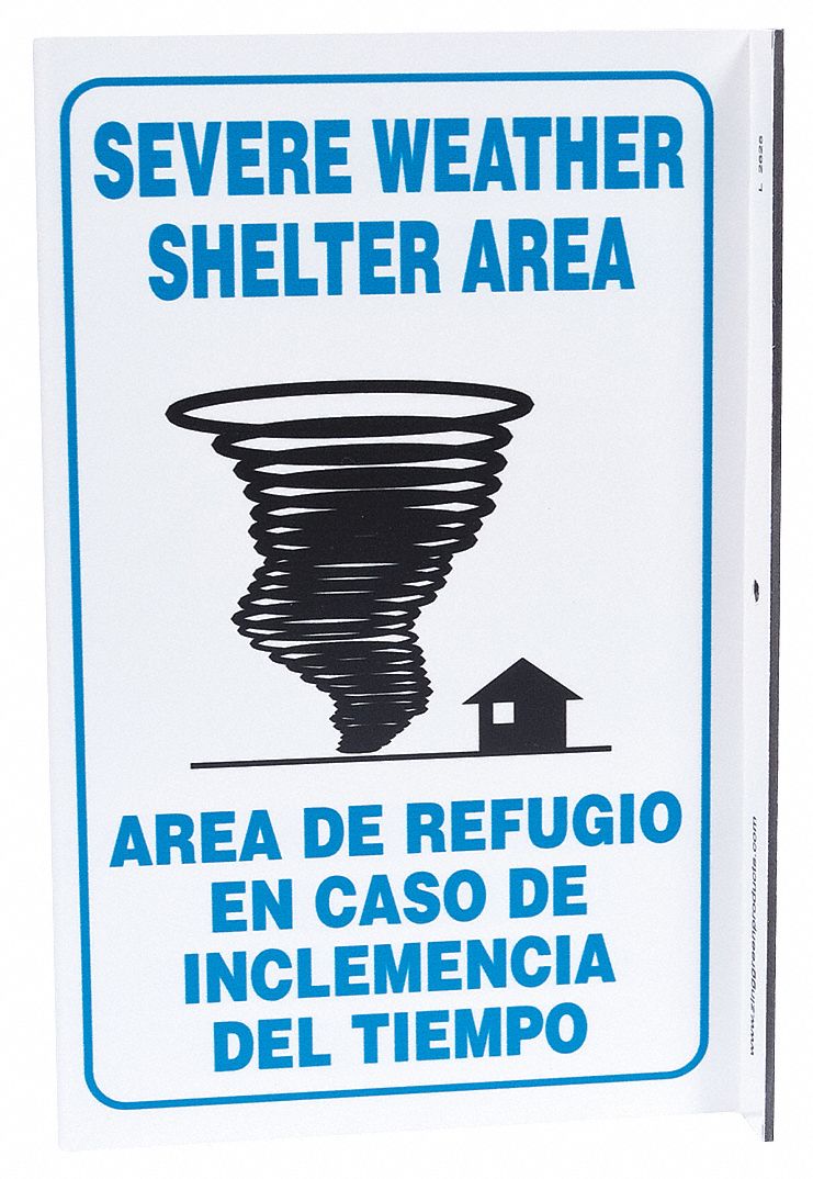 EVACUATION SIGN, ASSEMBLY OR SHELTER, PLASTIC, 11 IN X 8 IN, WITH MOUNTING HOLES, L-SHAPED