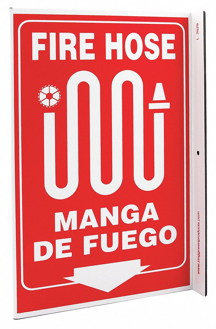 FIRE HOSE SIGN, PLASTIC, MOUNTING HOLES, 11 IN X 8 IN NOMINAL SIGN SIZE, FIRE HOSE/MANGA DE FUEGO