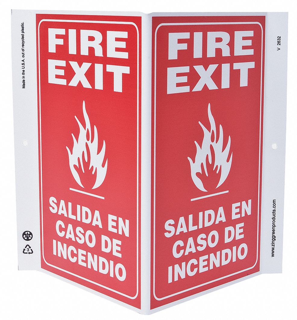 FIRE EXIT SIGN, PLASTIC, MOUNTING HOLES, 11 IN X 7 IN NOMINAL SIGN SIZE, FIRE EXIT