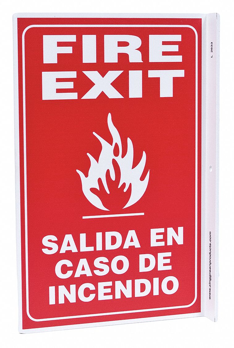FIRE EXIT SIGN, PLASTIC, 8 IN WIDTH, 11 IN HEIGHT, WITH MOUNTING HOLES, L-SHAPED, FIRE EXIT