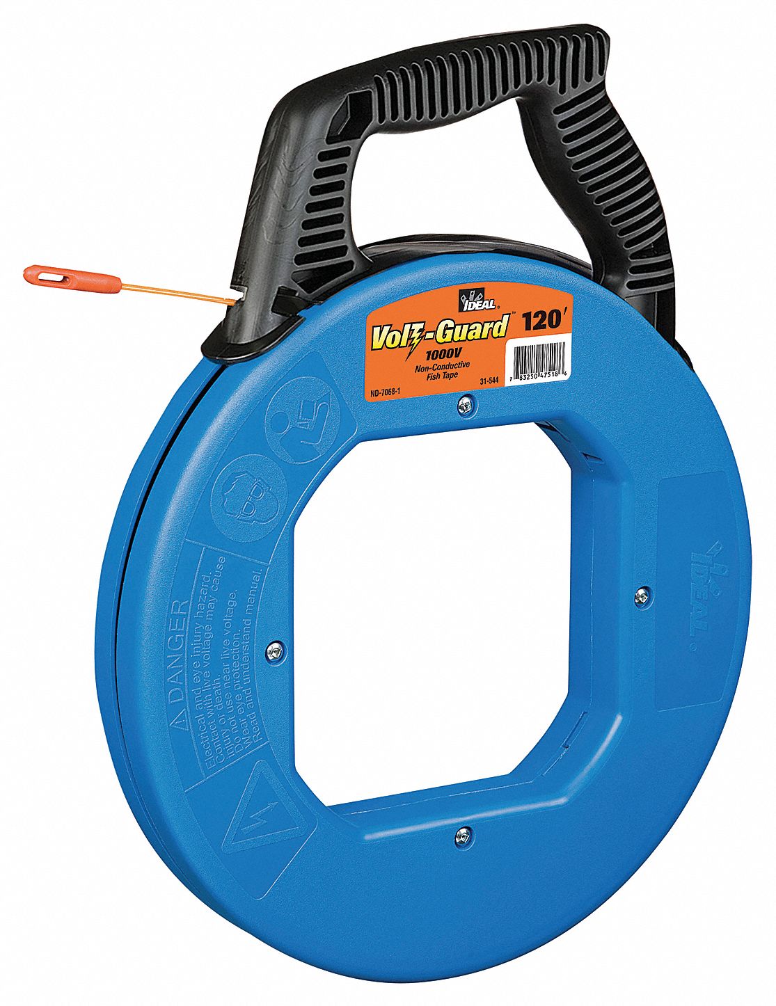 FISH TAPE, 120 FT L, MANUAL WIND TAPE RETRACTION, 350 LB TENSILE STRENGTH, 12 IN CASE DIA