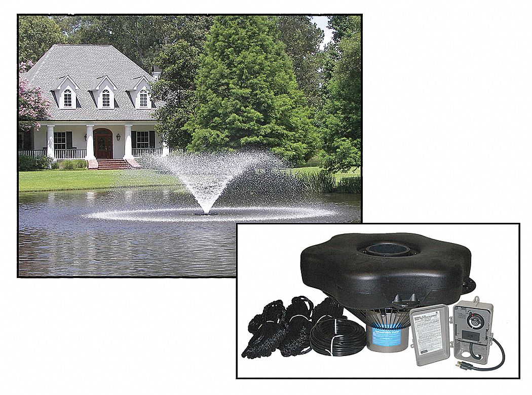 Pond Aerating Fountain System: 120V, Continuous, 15 ft Max. Spray Wd, 5 ft, 150 ft Cord Lg