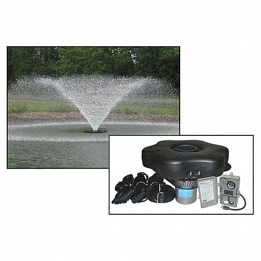 Pond Aerating Fountain System: 240V, Continuous, 34 ft Max. Spray Wd, 9 ft, 200 ft Cord Lg