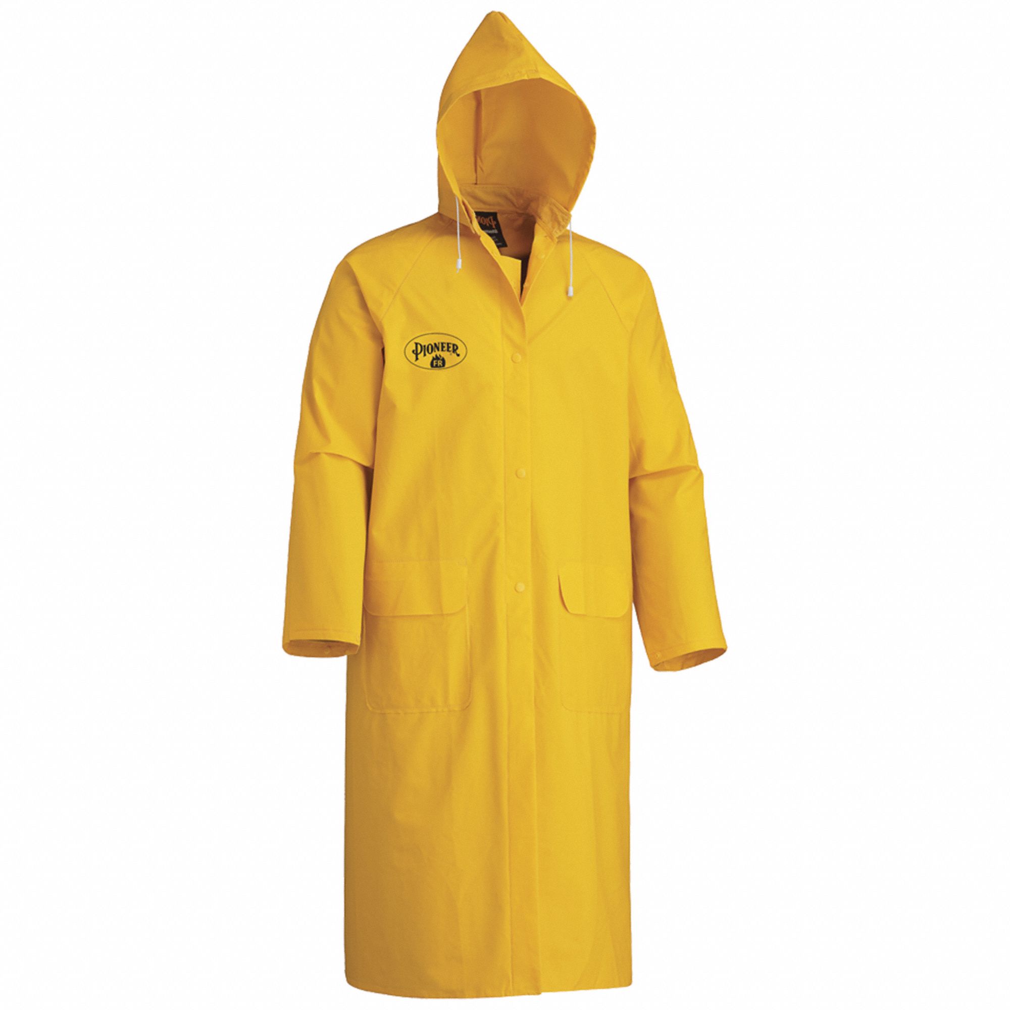 YELLOW FLAME RESISTANT RAIN COAT, 5XL LONG, DETACHABLE HOOD, ZIP/SNAP, PVC/POLYESTER