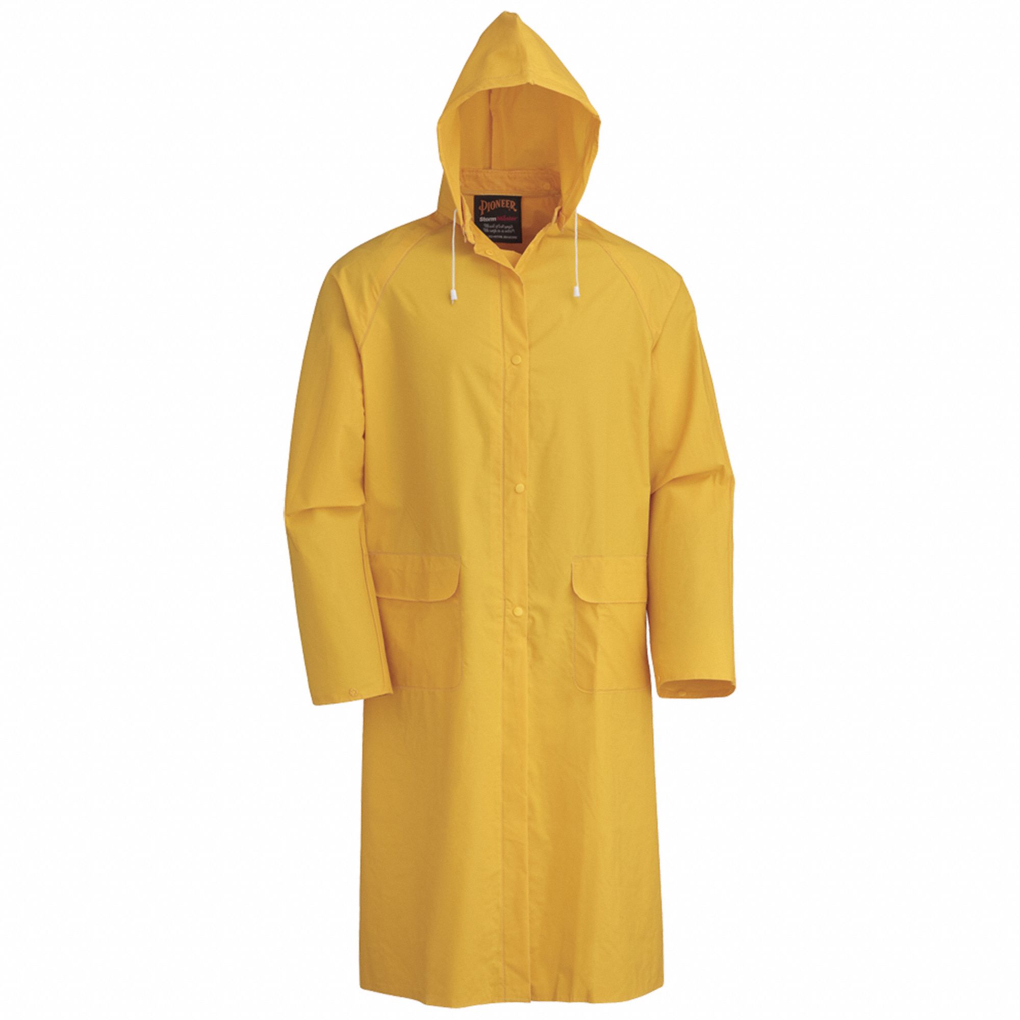 YELLOW RAIN COAT, 3XL, LONG, ZIPPER/SNAP STORM PLACKET, PVC/POLYESTER, WELDED SEAMS