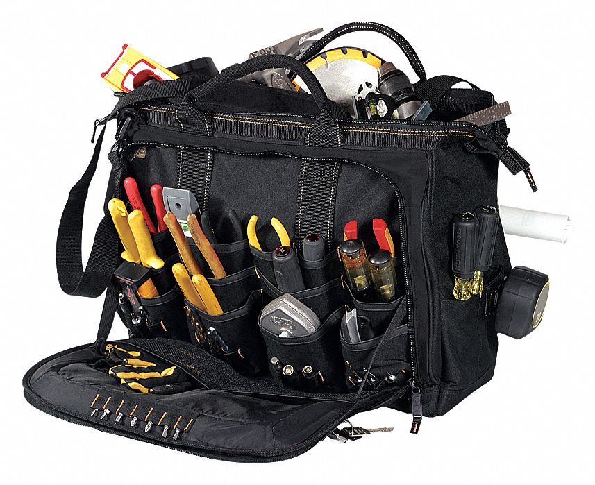 TOOL CARRIER, MULTI-COMPARTMENT, 58 POCKETS, BLACK, 7 X 14 X 18 IN, POLYESTER