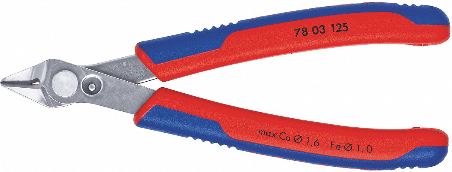 DIAGONAL CUTTING PLIER, FLUSH, POINTED, 5 IN OVERALL L, 3/8 IN JAW L, 1/2 IN JAW W