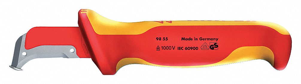 CABLE STRIPPING KNIFE, 7⅛ IN OVERALL L, INSULATED, 1½ IN BLADE L, HOOKED BLADE, 6 TO 8 IN