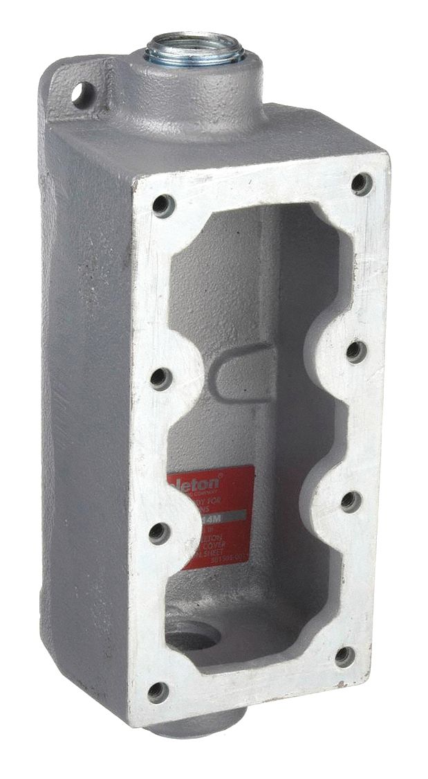 Mounting Body: 3 Gangs, Iron, 1/2 in Hub Size, Feed Through, 9 3/16 in Overall Ht