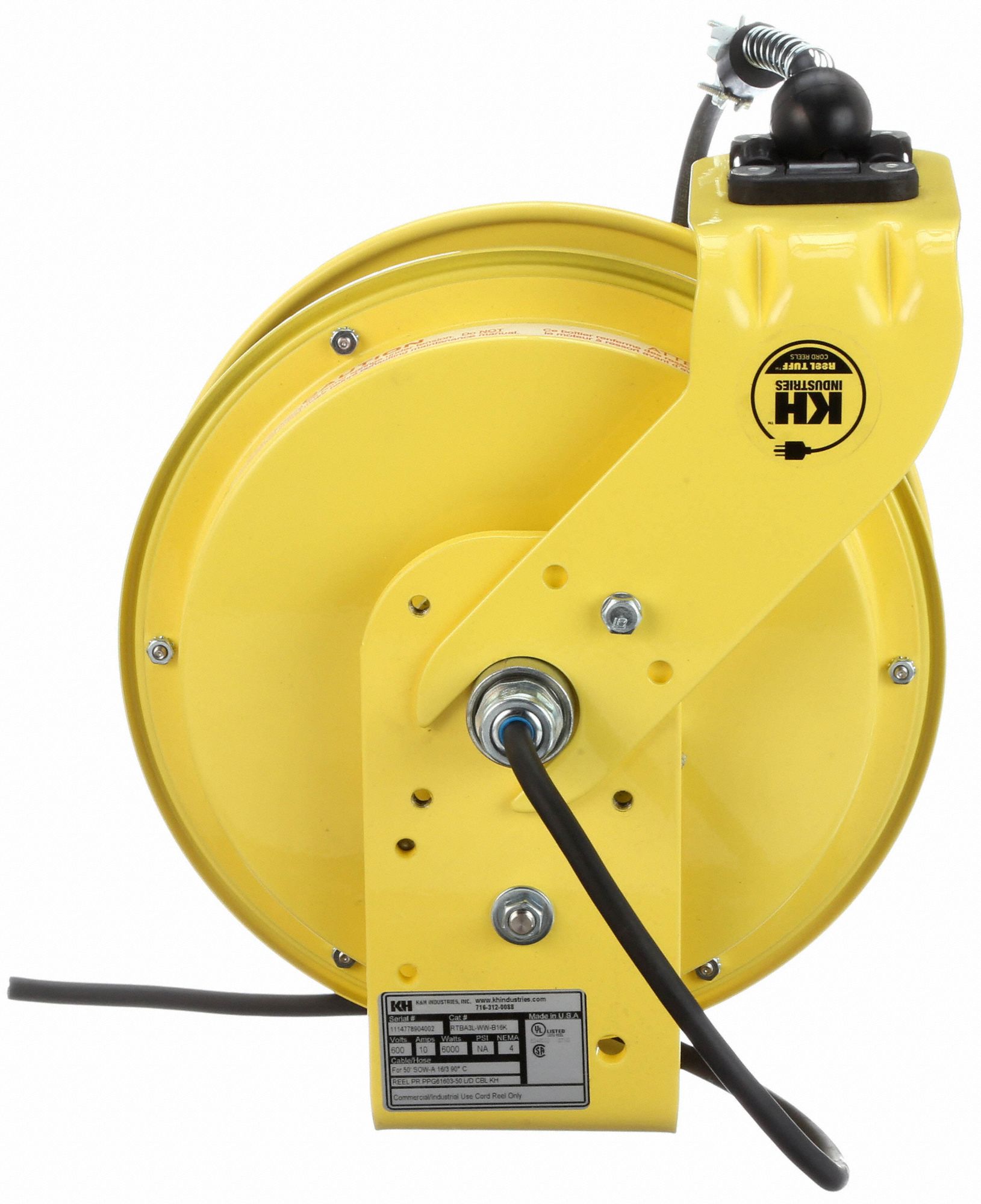 KH INDUSTRIES Extension Cord Reel, Spring Retraction, 600V AC, Flying