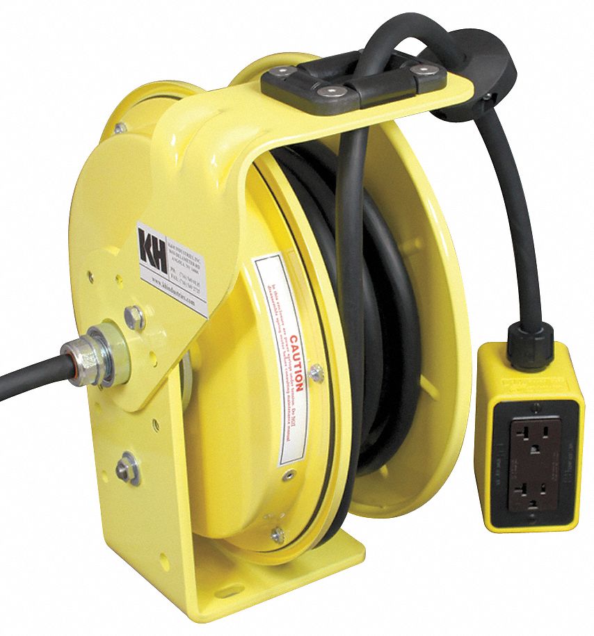 Extension Cord Reel Spring Retraction 120vac Quad Box Receptacle 25 Ft Yellow Reel Color