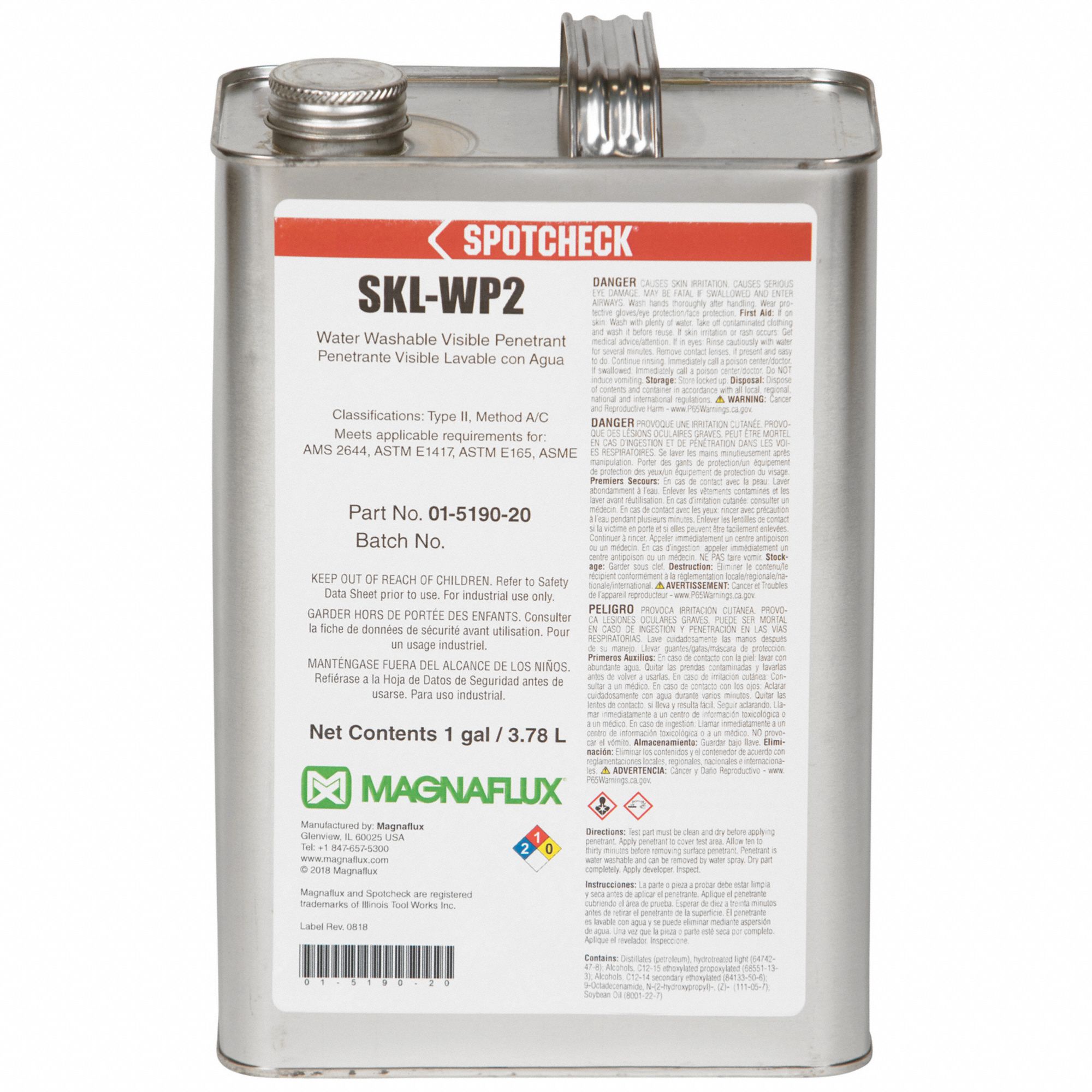 PENETRANT, SKL-WP2, WATER-WASHABLE, NON-FLUORESCENT, RED, 4 1-GAL CANS