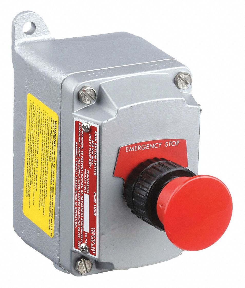 Control Station: 1 Gang, Mushroom Head Push Button, 1NO/1NC, Emergency Stop, 0 Pilot Lights, 3/4 in
