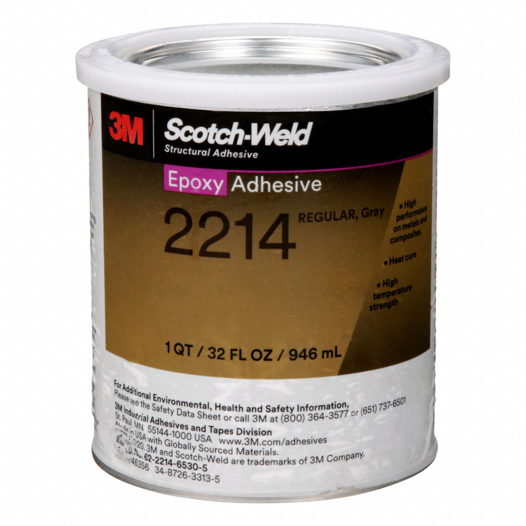 EPOXY ADHESIVE, SCOTCH-WELD 2214, REG/HI-DENS, HI-TEMP/STRENGTH, DE-AERATION, 1QT, ALUMINUM