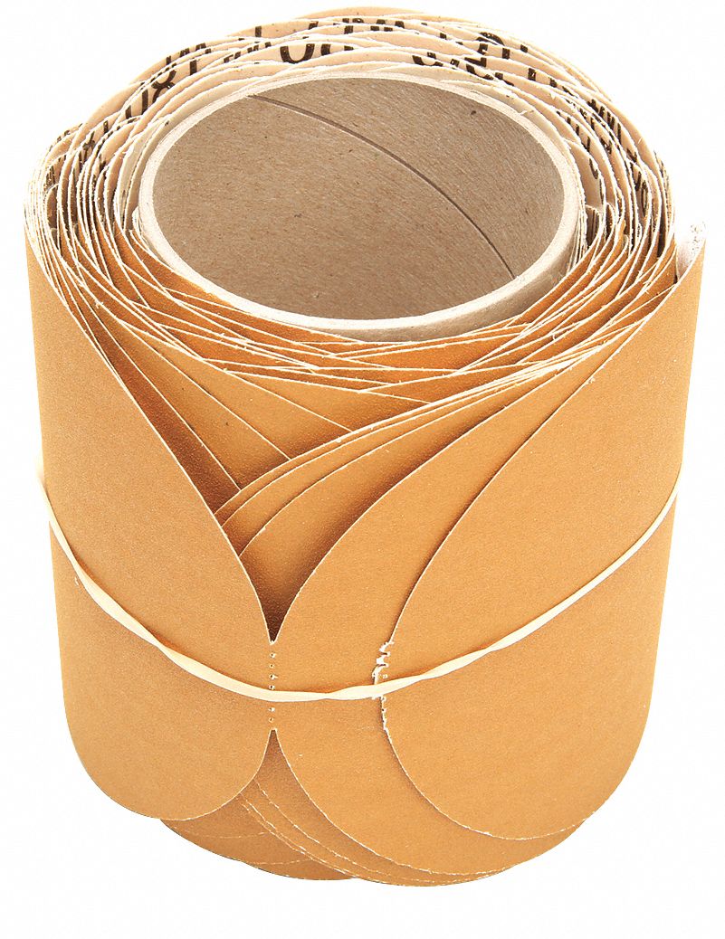 PSA SANDING DISC ROLL, 5 IN DIAMETER, NON-VACUUM, ALUMINUM OXIDE, 180 GRIT, F WEIGHT PAPER, 363I