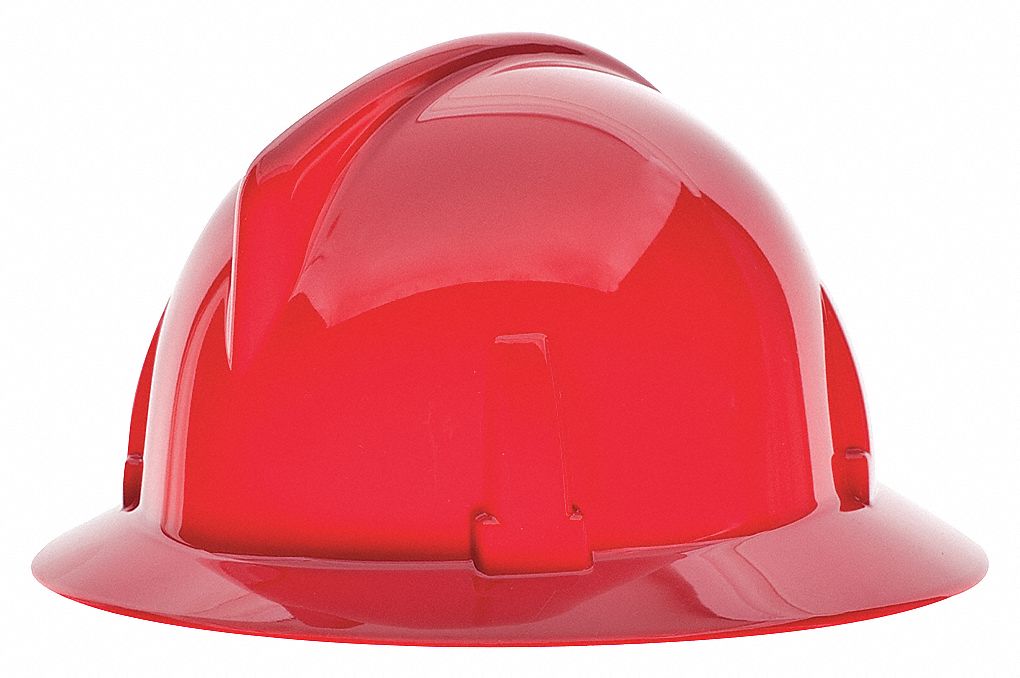 NON-SLOTTED HARD HAT, CSA, TYPE 1, CLASS E, PC, 4-PT FAS-TRAC III RATCHET, FULL BRIM, RED