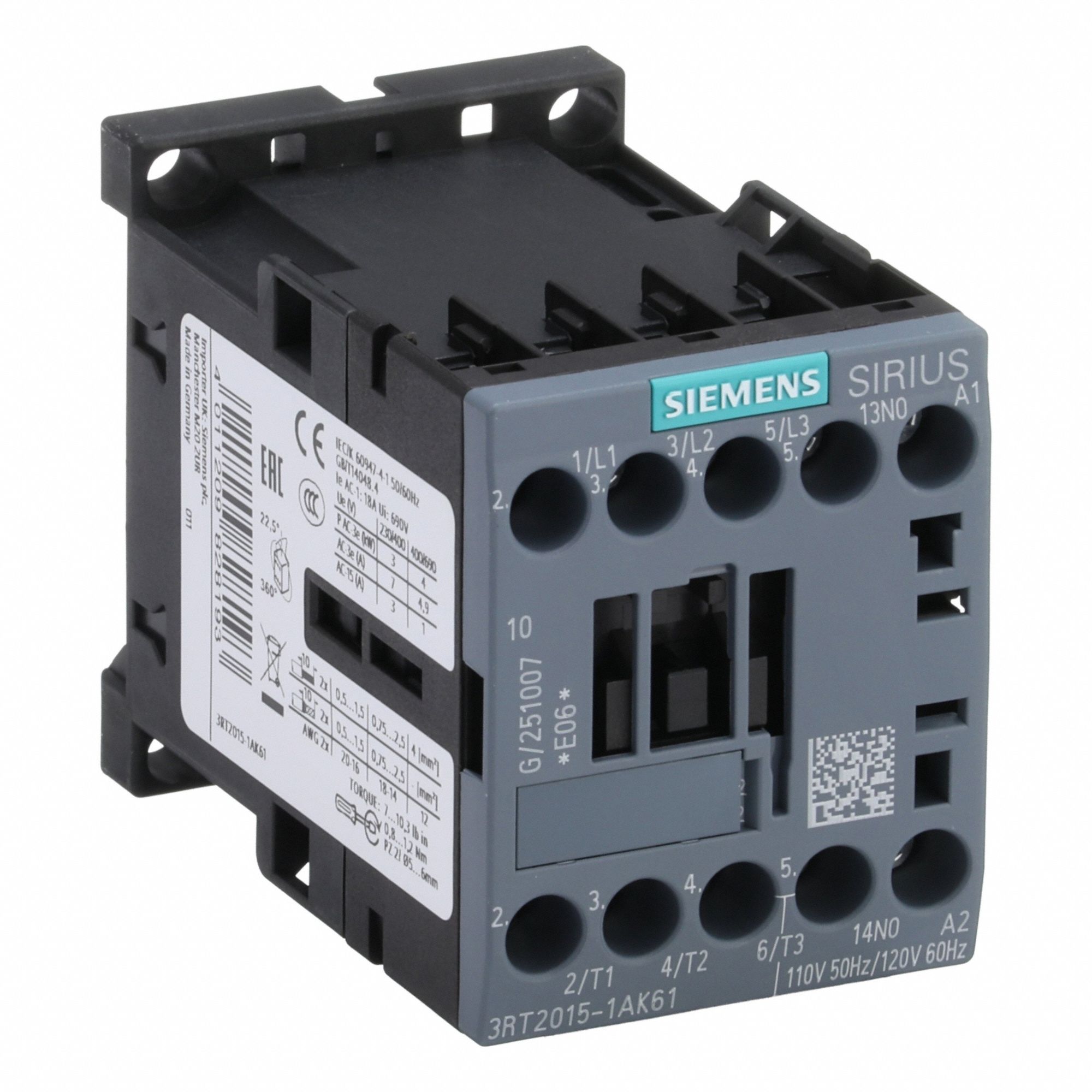 IEC Magnetic Contactor: Non-Reversing, 3 Poles, 3NO Contacts, 7 A, 120V AC Coil