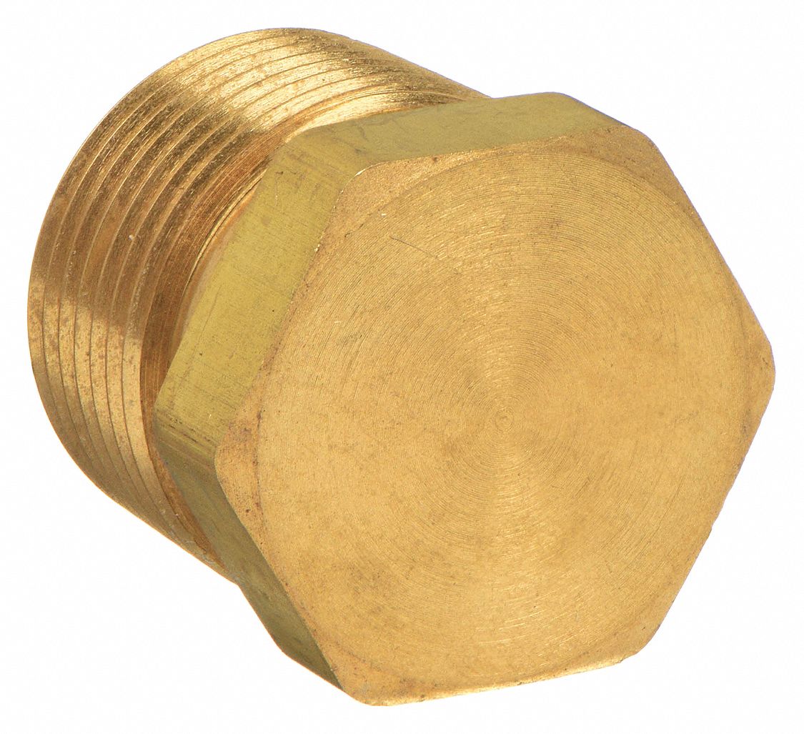 Hex Head Plug: Bright Brass, 3/4 in Fitting Pipe Size, Male NPT, 1 1/16 in Overall Lg