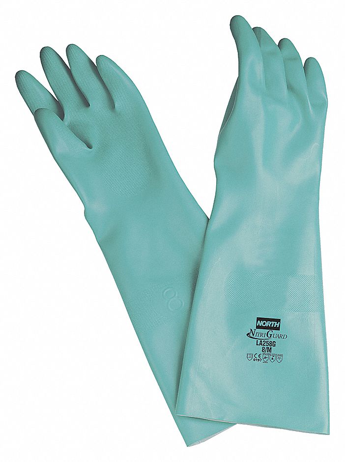 CHEMICAL-RESISTANT GLOVES, UNLINED, STRAIGHT CUFF, SZ M/8, 18 IN L/25 MIL THICK, GRN, NITRILE