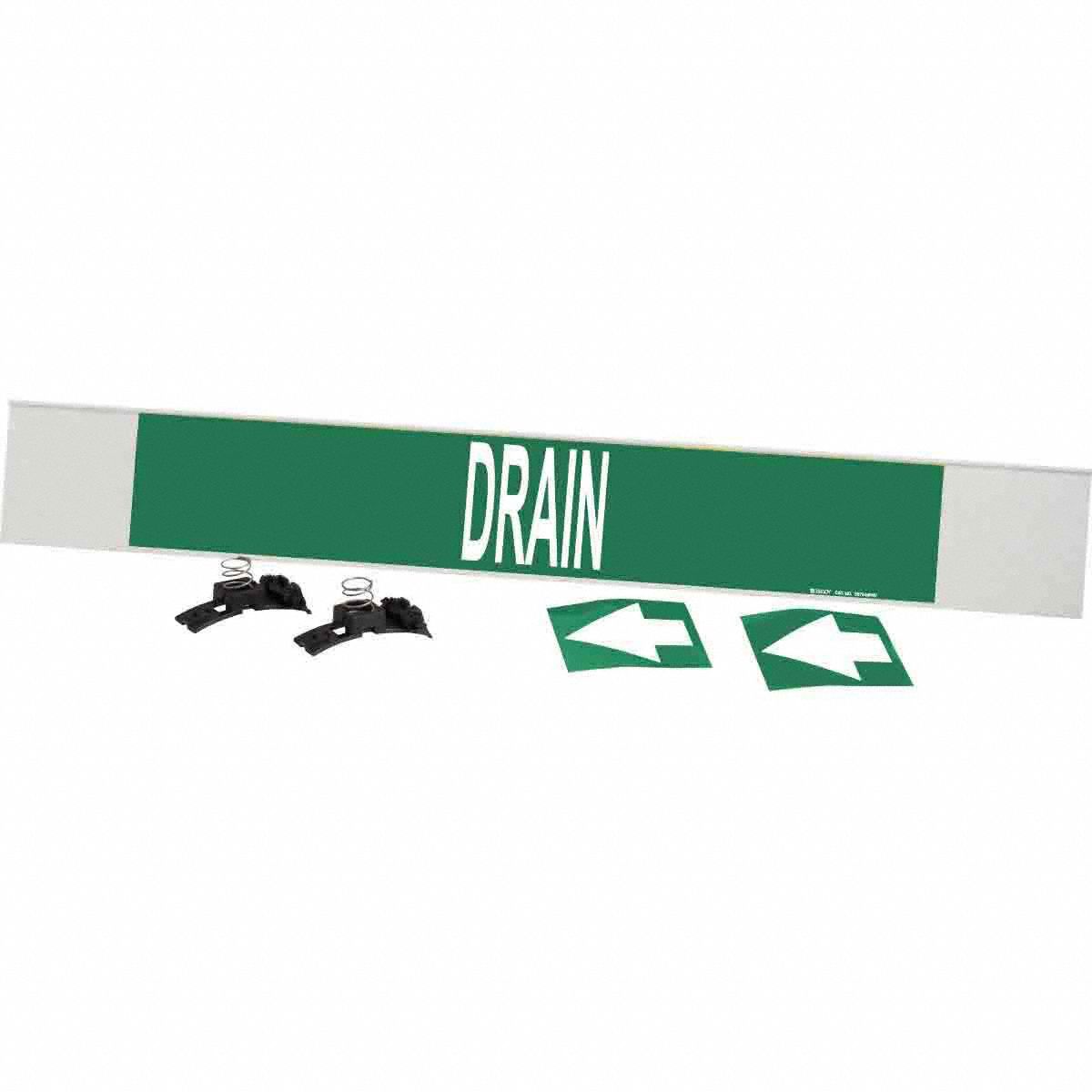 Pipe Marker: Drain, Green, White, Fits 8 in and Larger Pipe O.D., 1 Pipe Markers, With Arrows