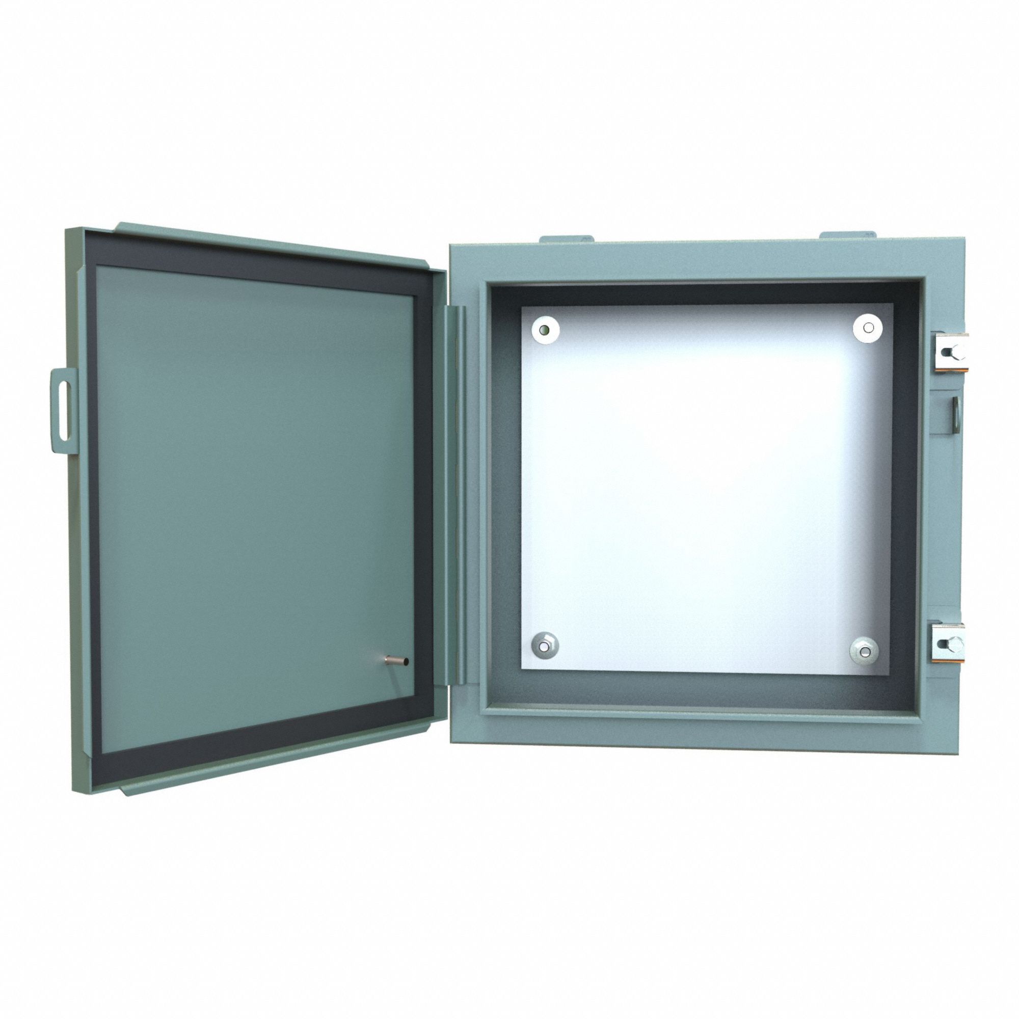 Electrical Enclosure: Steel, 16 in x 16 in x 8 in, NEMA 12/13, w/Panel, Solid Cover, Hinged