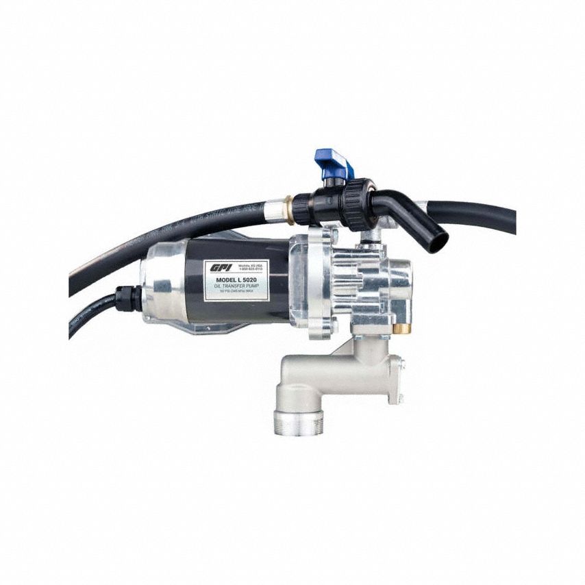 GPI Electric Drum Pump: Pump with Hose & Nozzle, 2/5 hp HP, 12 V DC, 5 gpm, 50 SUS Max. Viscosity (MPN 142100-04). Key specifications — Brand: GPI; Suction Tube Material: PP.