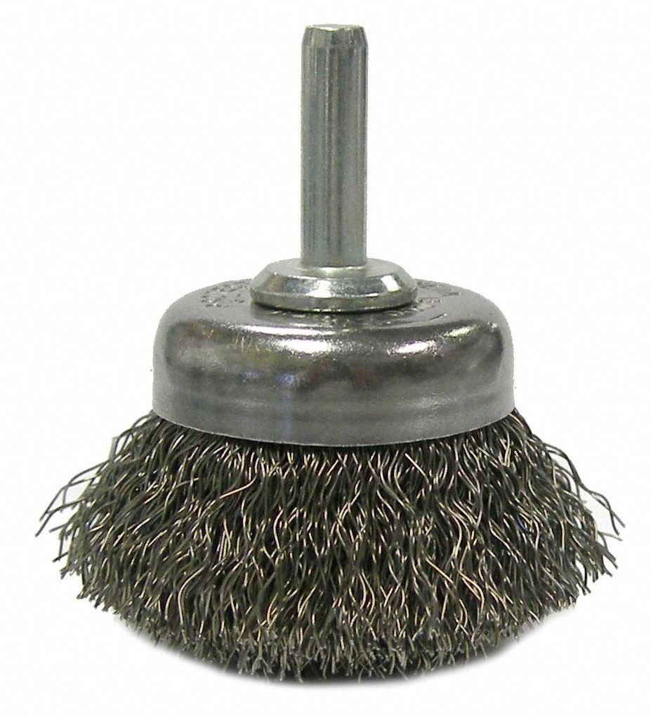 Crimped Wire Cup Brush: Crimped Steel, 1 3/4 in Brush Dia, 1/4 in Shank, 0.006 in Fill Dia