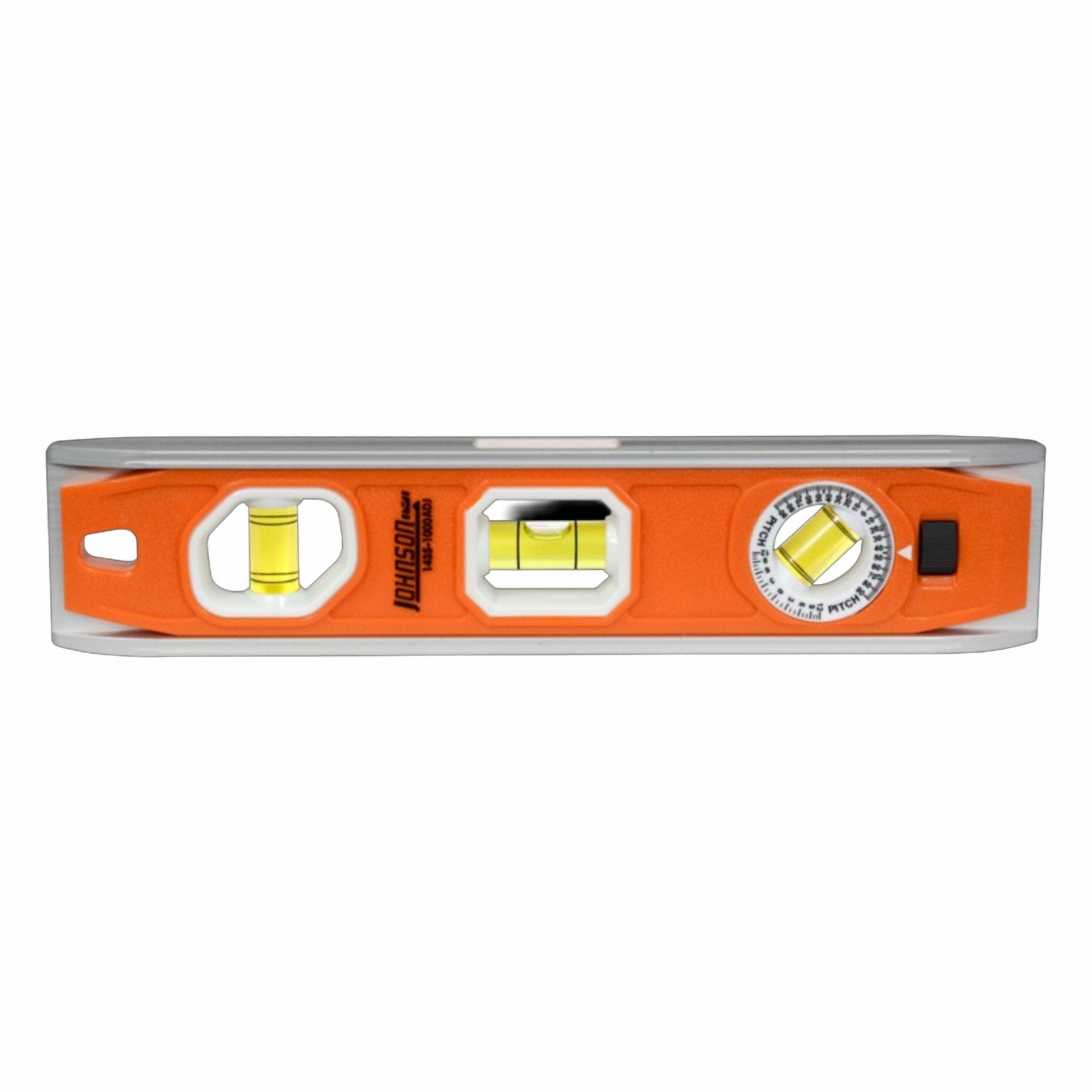 JOHNSON LEVEL Torpedo Level: Level & Plumb, Torpedo, 0 Non-Cushioned, 10 in Overall Lg, V-Grooves (MPN 1435-1000ADJ). Key specifications — attr934734: 1435-1000ADJ; attr934735: JOHNSON LEVEL; attr939796: Polycarbonate; attr939781: Rare Earth; attr983962: Aluminum; attr939959: Top & Side Read; attr939953: V-Grooves.