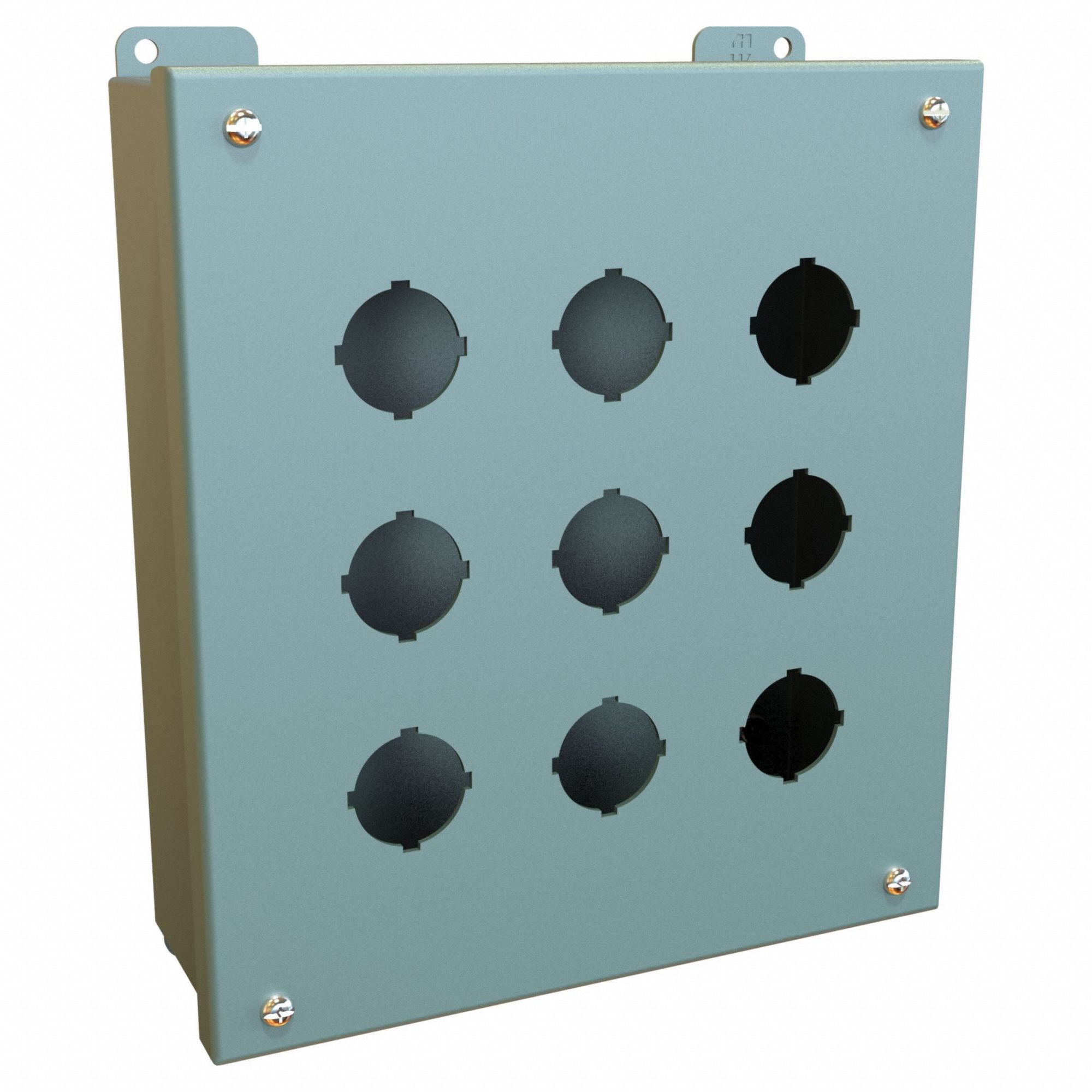 Push Button Enclosure: 30mm, 9 Holes, Carbon Steel, NEMA 12/13