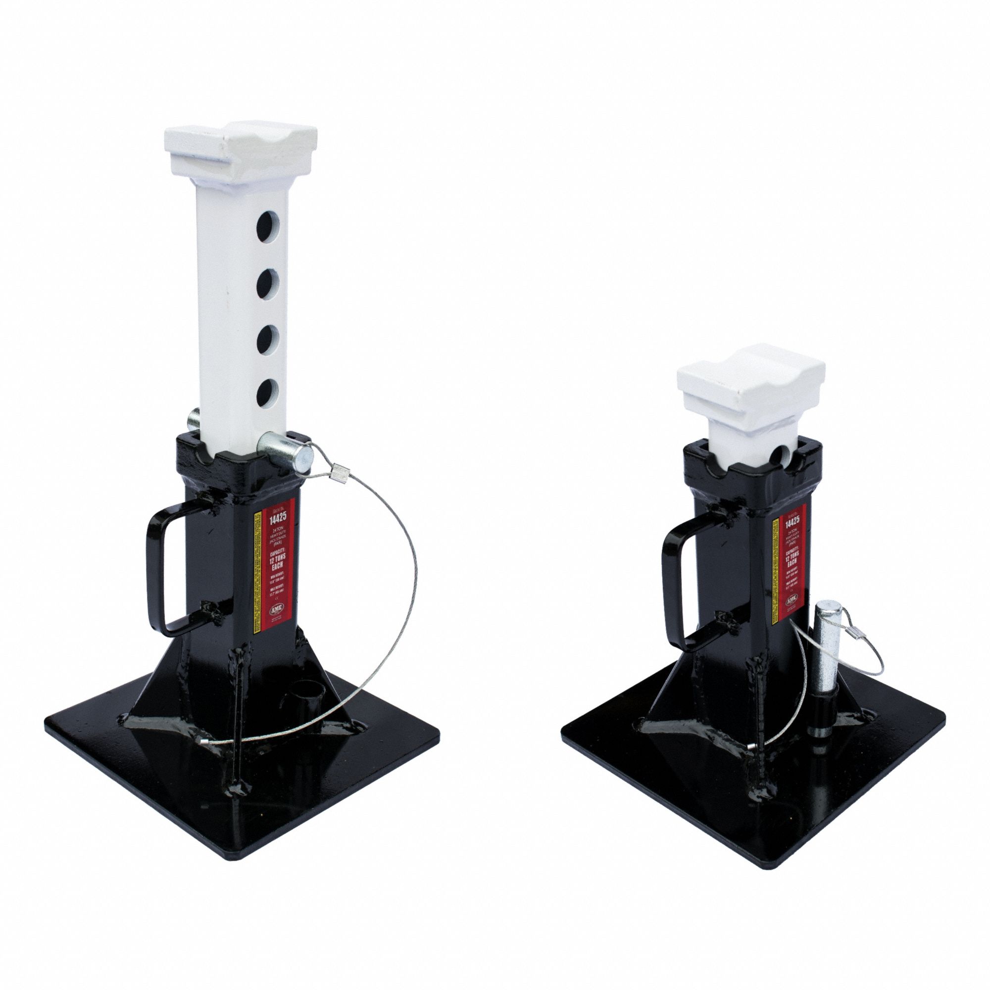 Jack Stand: Pin Locking Hand Lifted, 12 ton Load Capacity, 18 in Max Extended Ht, Square, 1 PR