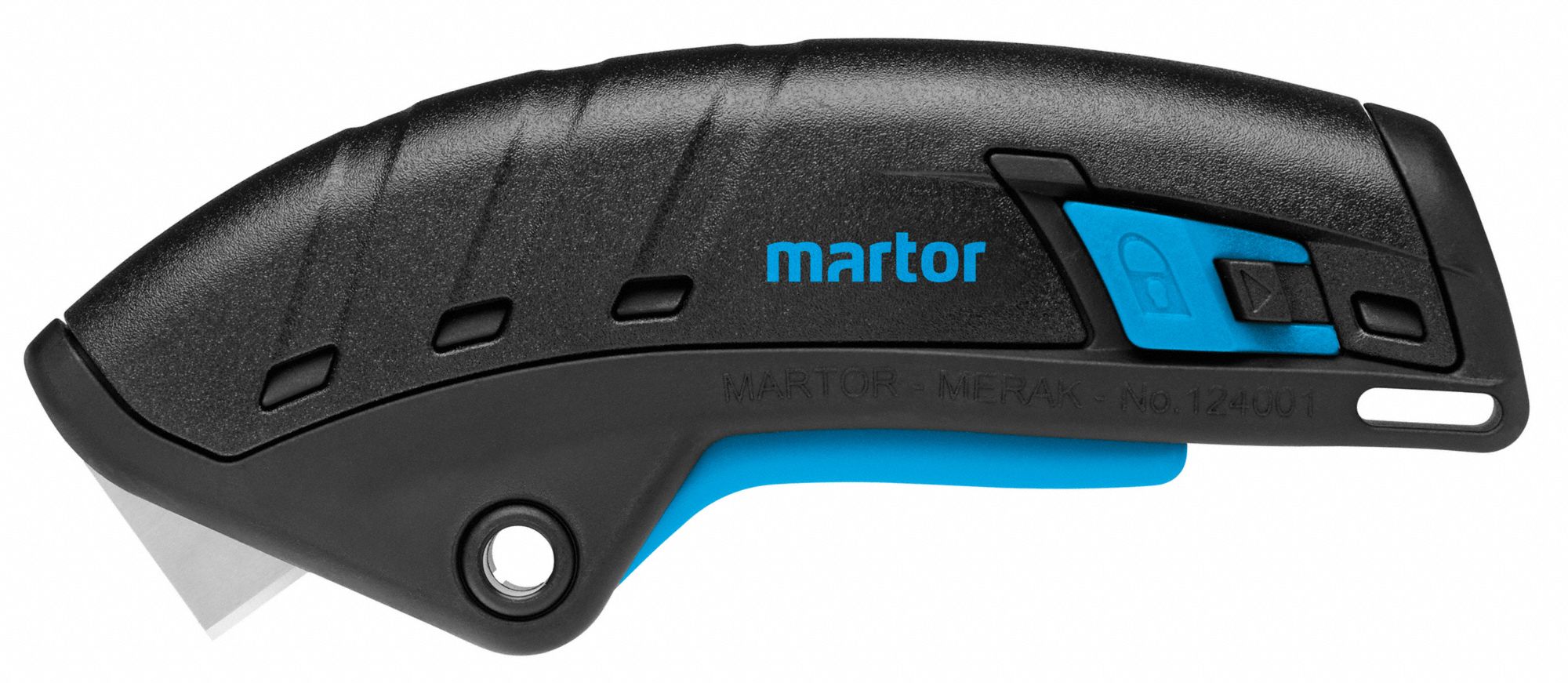 MARTOR Safety Knife: 5 in Overall Lg, Textured, 2 in Overall Wd, Plastic,  Black/Blue, Quick-Change