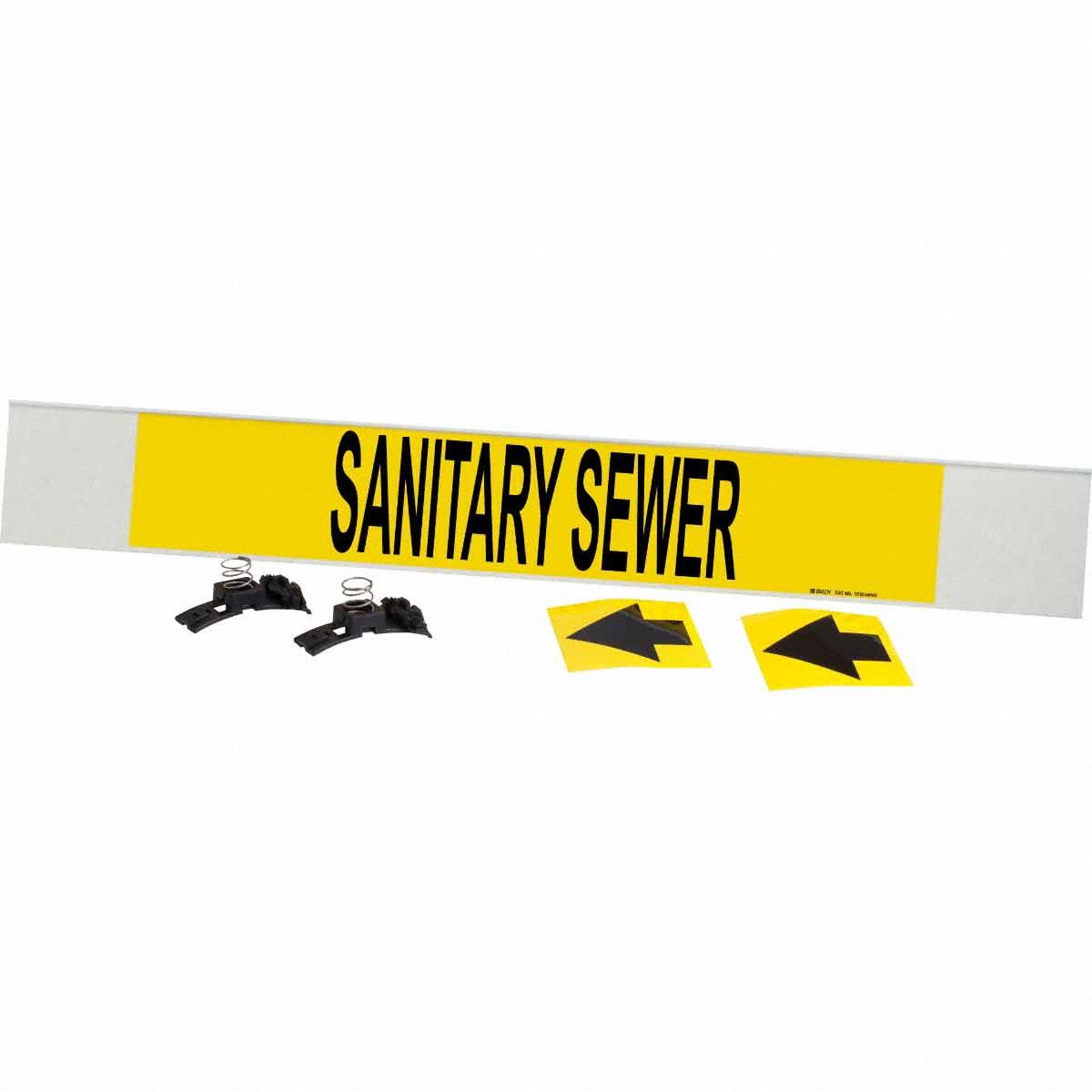 Pipe Marker: Sanitary Sewer, Yellow, Black, Fits 8 in and Larger Pipe O.D., 1 Pipe Markers