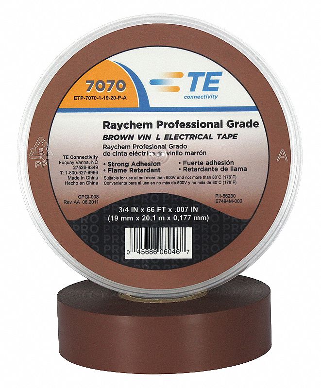 Electrical Tape, Vinyl, Brown Grainger