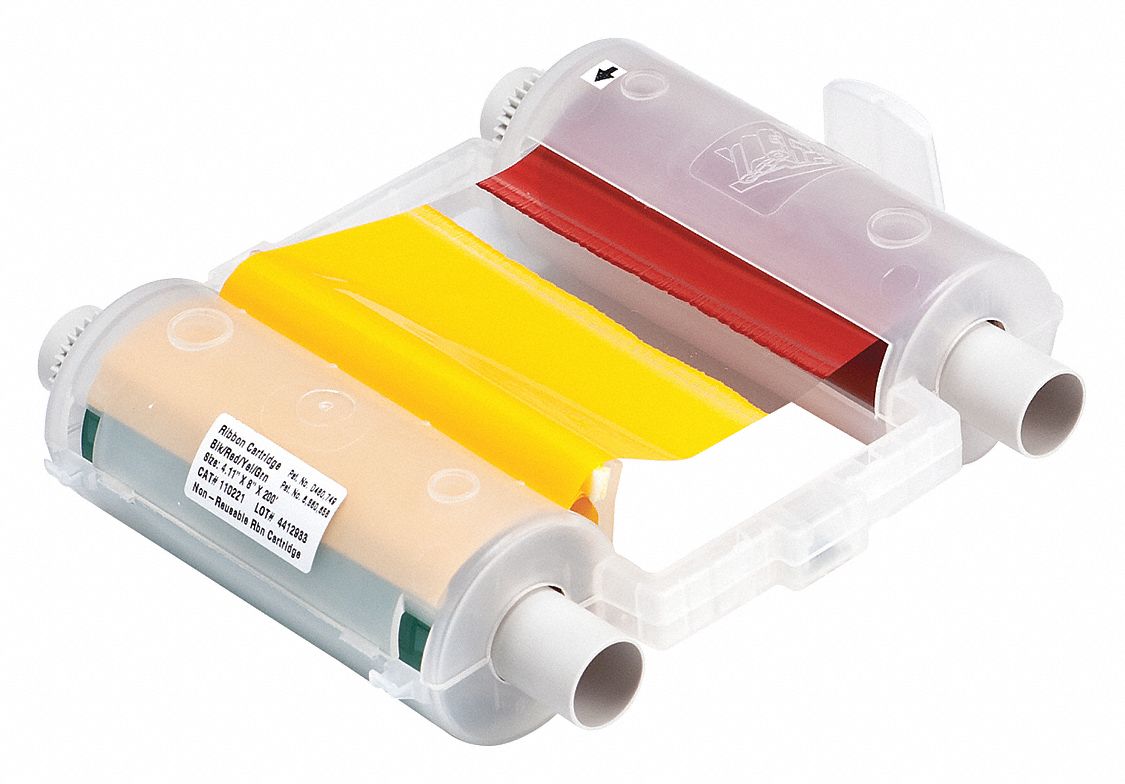 Four-Color Printer Ribbon: 4 3/32 in x 200 ft, Black/Green/Red/Yellow, Resin, R10000, 50 Panel Sets