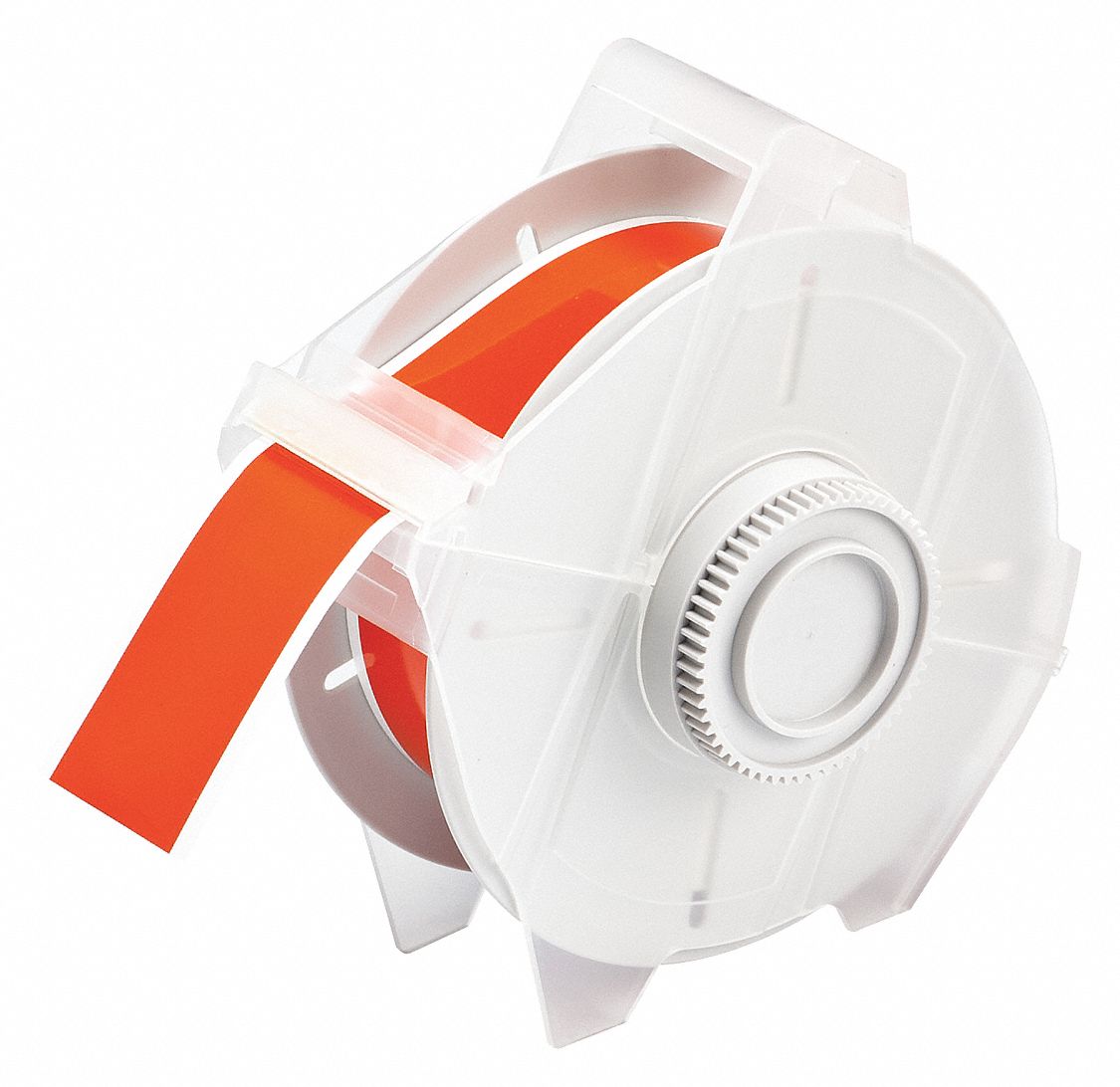 Continuous Label Stock: 1 1/8 in x 50 ft, Plastic, Orange (Gloss), Outdoor