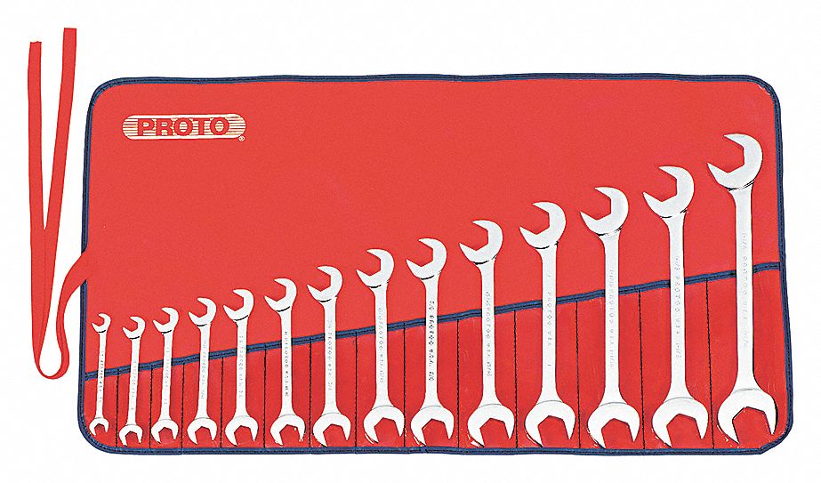 OPEN END WRENCH SET, ALLOY STEEL, CHROME, 14 TOOLS, ⅜ IN TO 1¼ IN HEAD SIZES