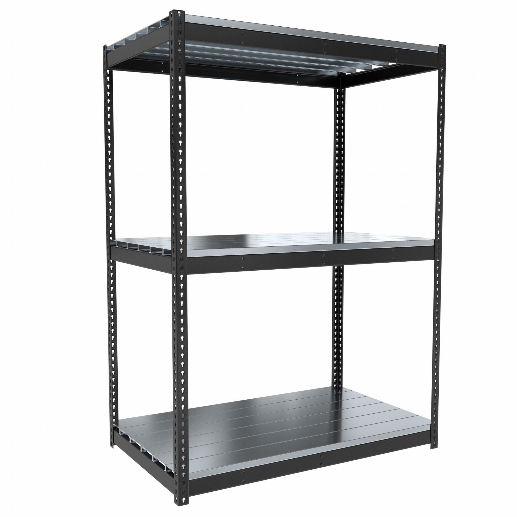 Boltless Shelving: Starter, Medium-Duty, 60 in x 36 in, 84 in Overall Ht, 3 Shelves, Steel