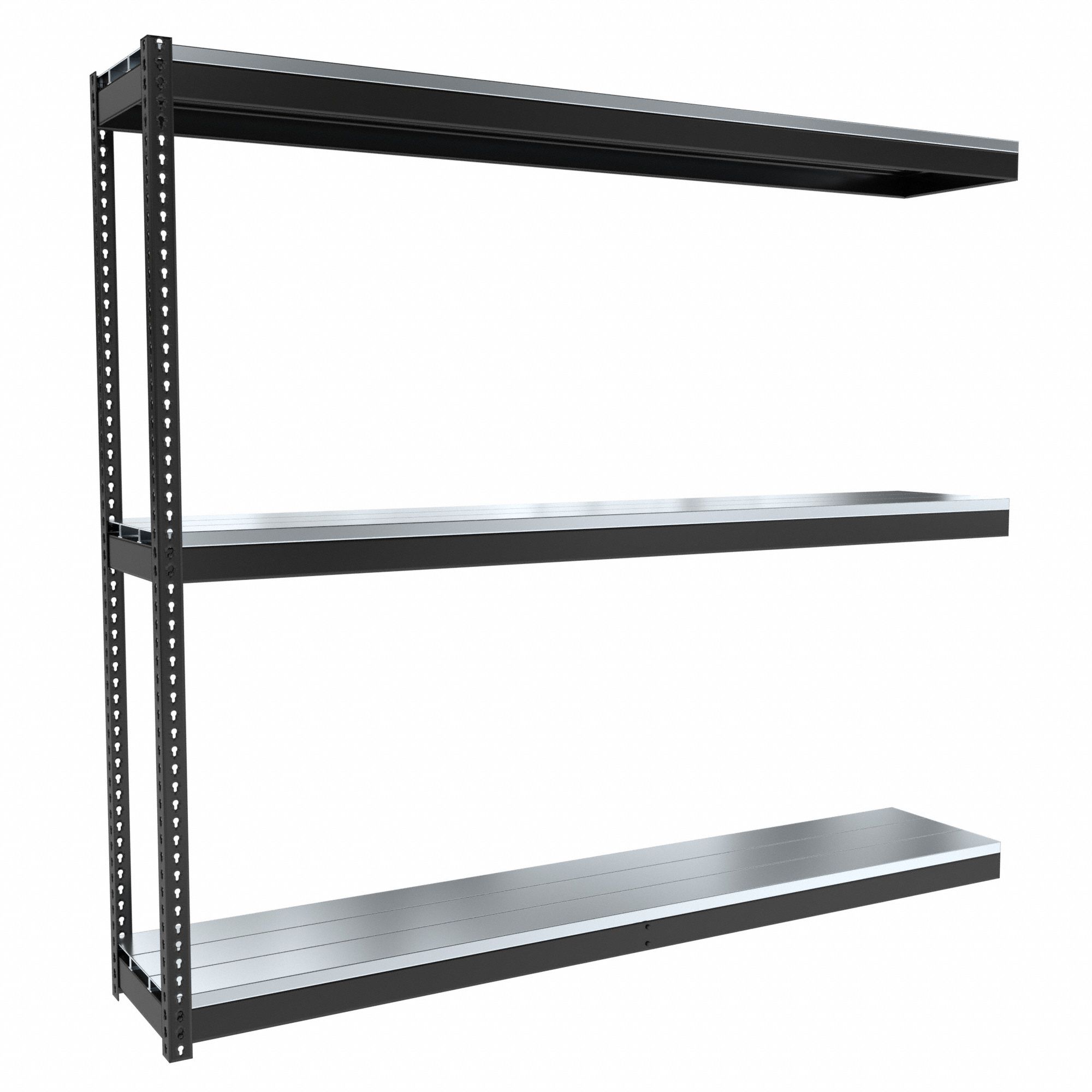 Boltless Shelving: Add-On, Medium-Duty, 96 in x 18 in, 84 in Overall Ht, 3 Shelves, Steel
