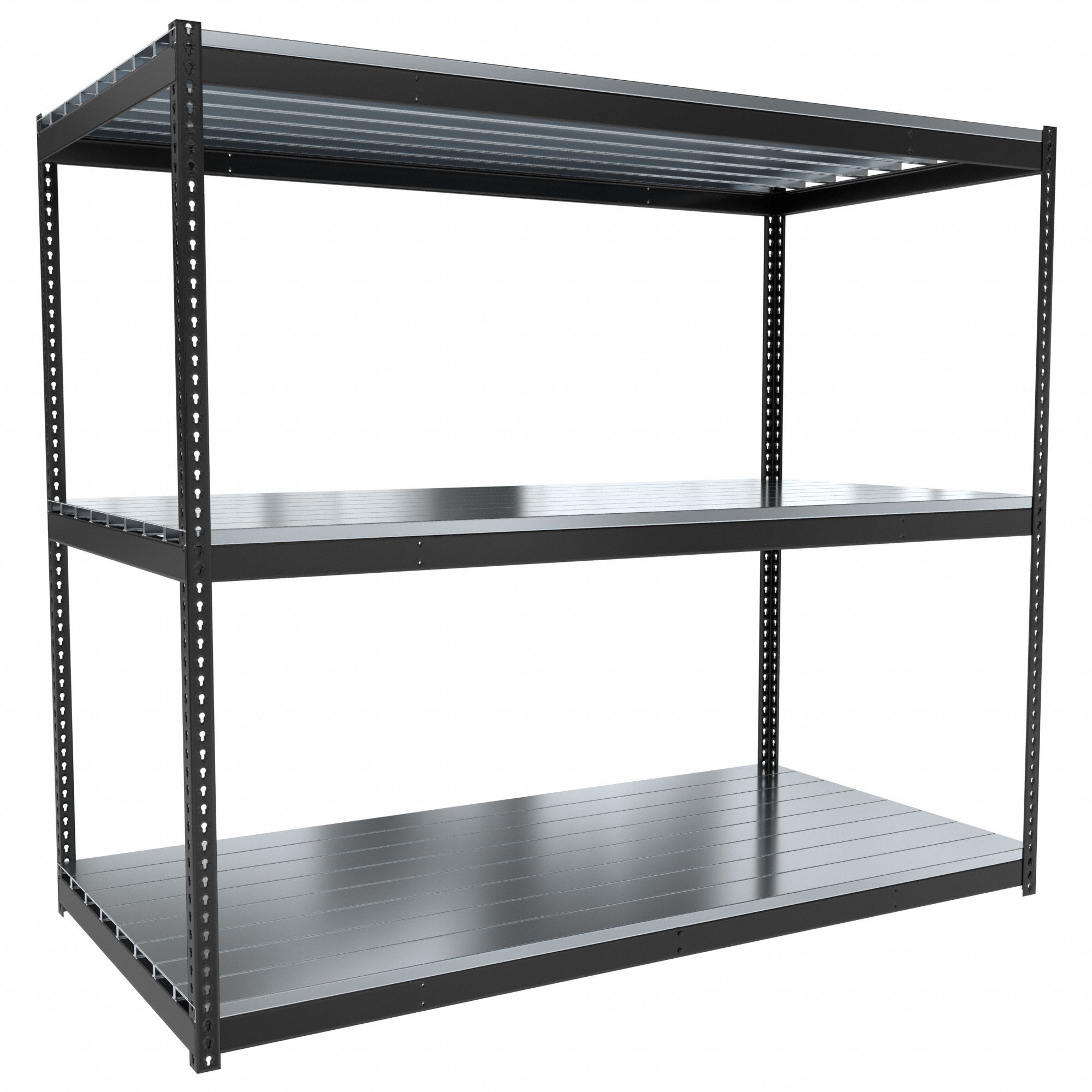 Boltless Shelving: Starter, Medium-Duty, 96 in x 48 in, 84 in Overall Ht, 3 Shelves, Steel