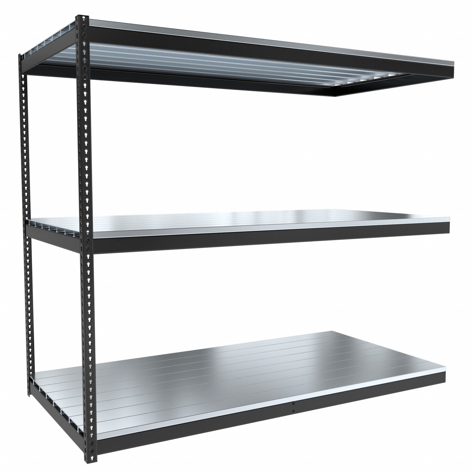 Boltless Shelving: Add-On, Medium-Duty, 96 in x 48 in, 84 in Overall Ht, 3 Shelves, Steel